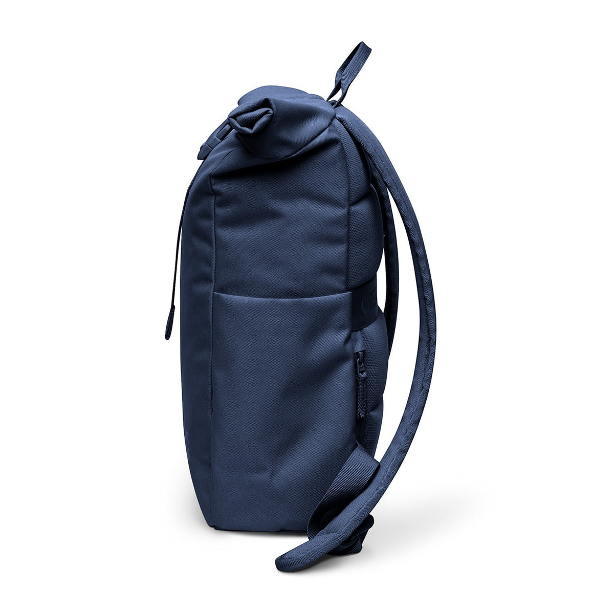 Lieblingstasche Rolltop Easy Small navy blue canvas backpack with adjustable straps and side zip pocket.