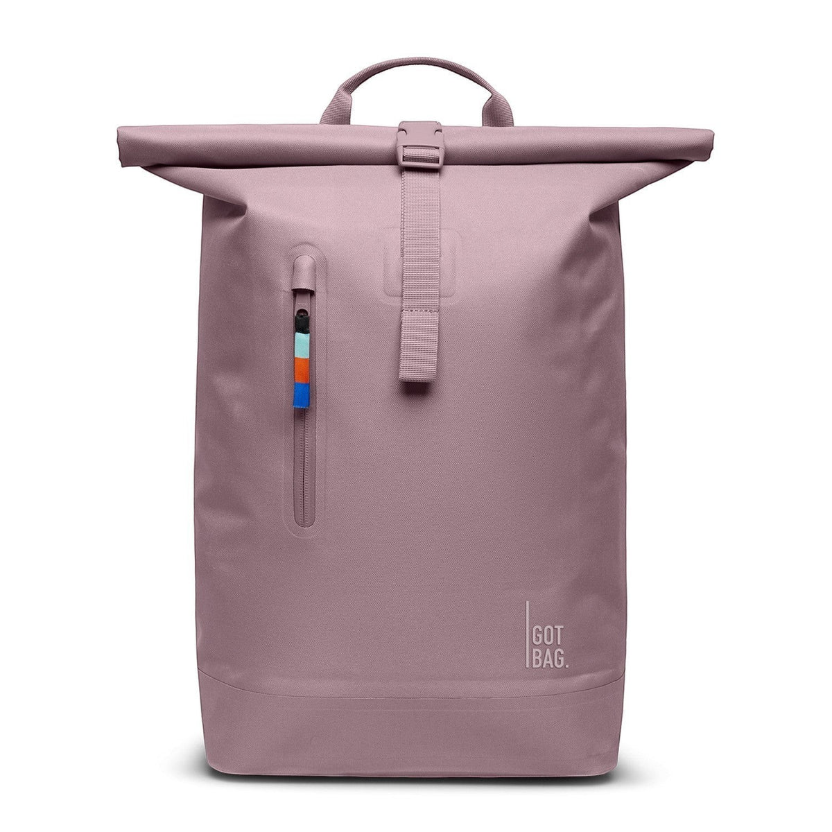 Lieblingstasche Rolltop Lite 2.0 dusty rose backpack with rolltop closure and front zip pocket with colorful zipper pull.