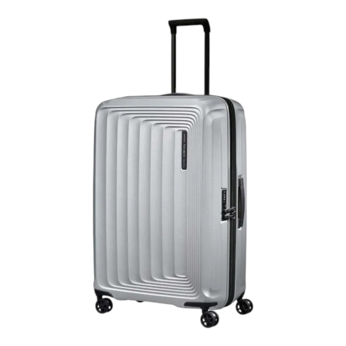 Lieblingstasche Samsonite NUON Spinner 69/25 suitcase in silver with a hard shell, TSA lock, and four spinner wheels.