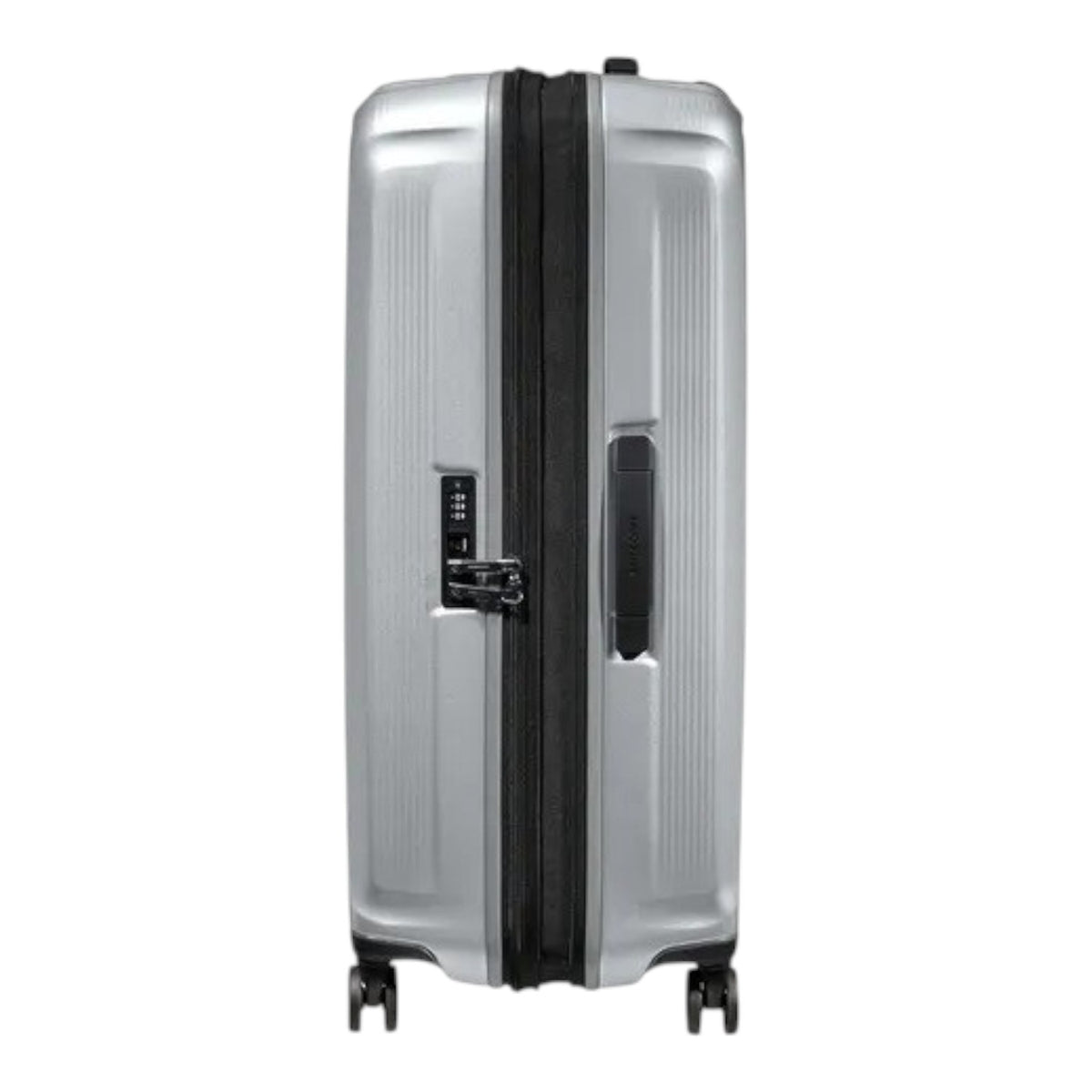 Lieblingstasche Samsonite NUON Spinner 69/25 silver hardshell suitcase with TSA lock and side view