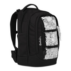 Lieblingstasche Satch school backpack in black with a white doodle print front panel and side compression straps