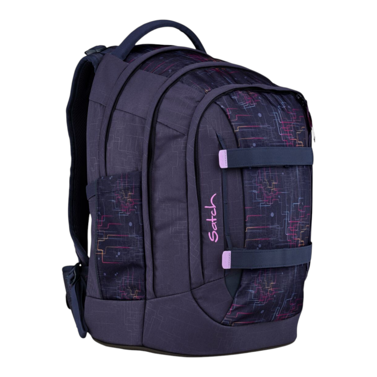 Lieblingstasche Satch school backpack in dark blue with a geometric circuit pattern and purple accents