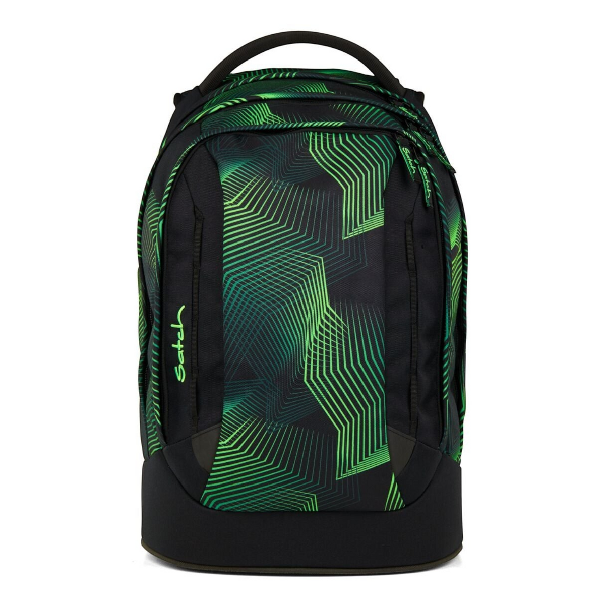 Lieblingstasche satch pack school backpack in black with green geometric line pattern and ergonomic design