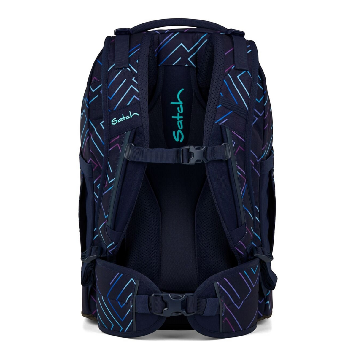 Lieblingstasche satch pack school backpack in dark blue with neon geometric patterns and ergonomic back system