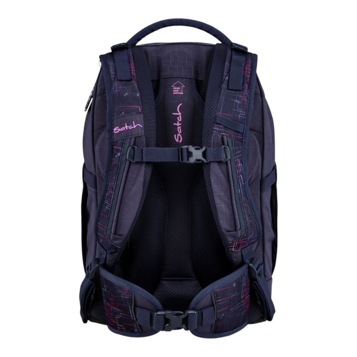 Lieblingstasche Satch Pack Set school backpack in dark blue with pink geometric pattern and adjustable straps