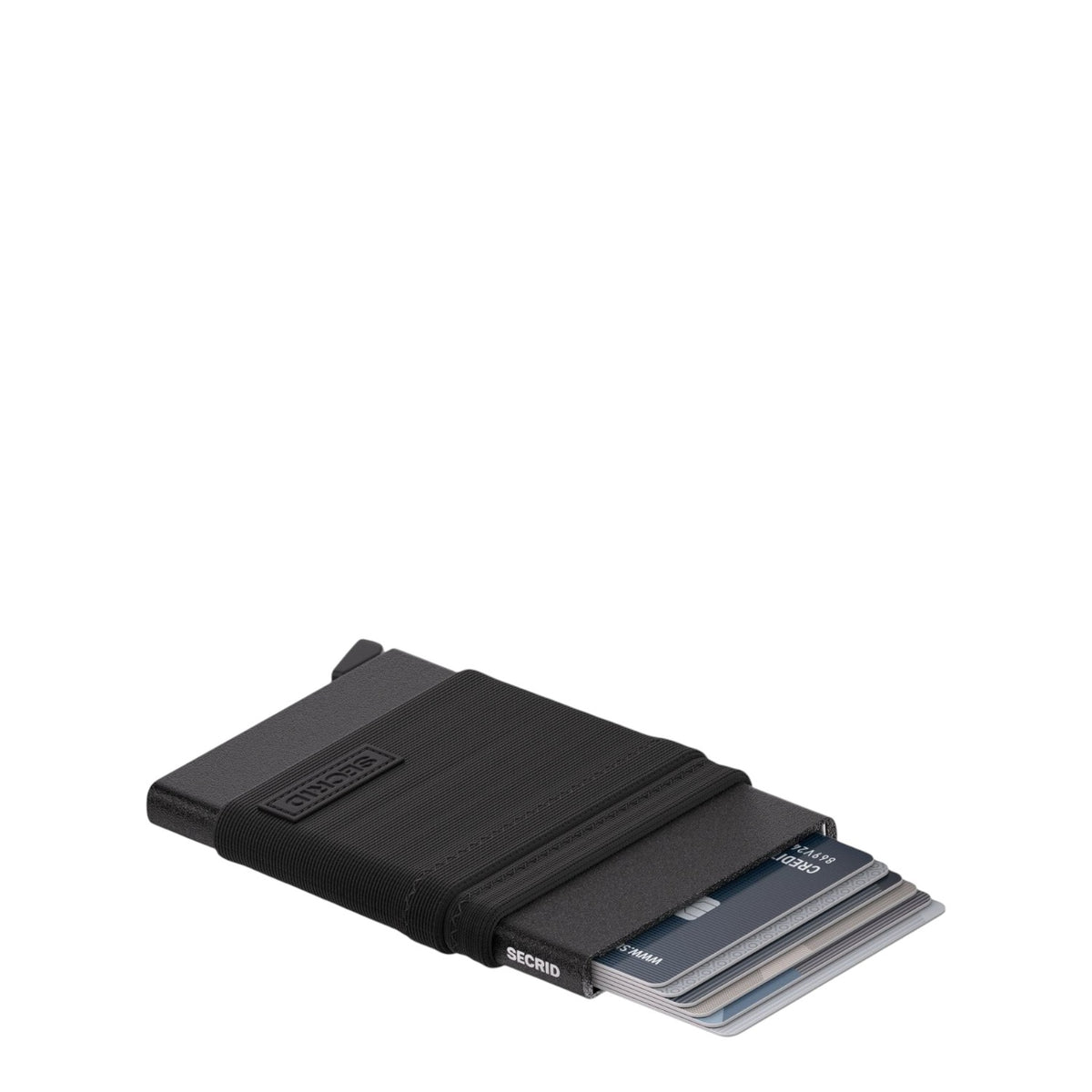 Lieblingstasche Secrid Flexwallet in black with RFID-protected card case and flexible elastic powernet textile sleeve.