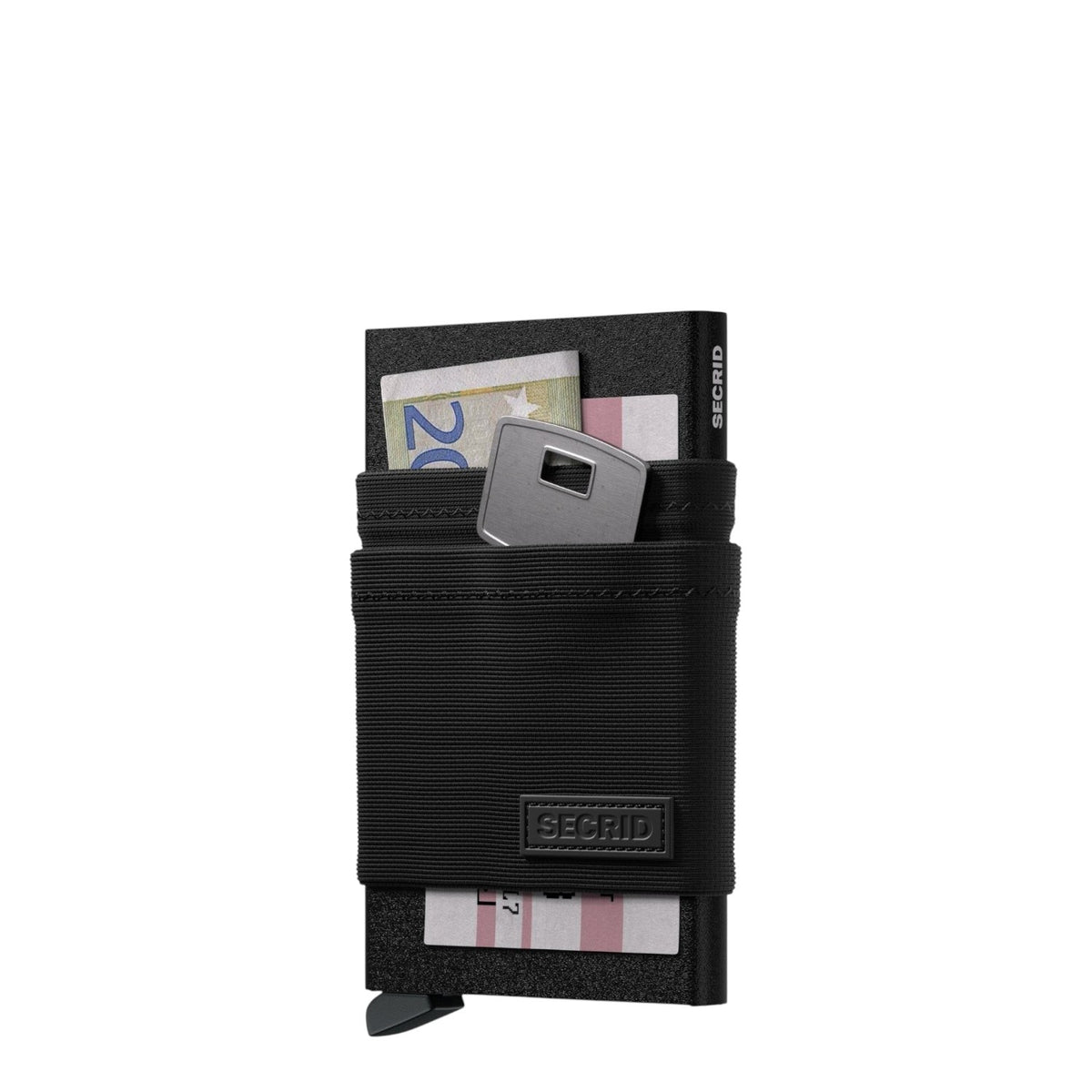 Lieblingstasche Secrid Flexwallet in black with elastic powernet sleeve holding cards, cash, and a key