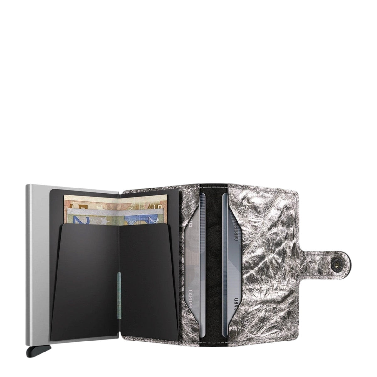 Lieblingstasche Secrid Miniwallet Crunch in metallic silver leather with RFID-protected card holder and cash slots