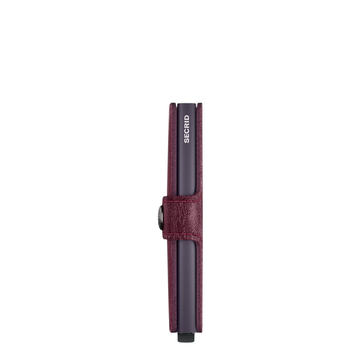 Lieblingstasche Secrid Miniwallet in dark purple leather with a side view of the RFID-protected card mechanism.