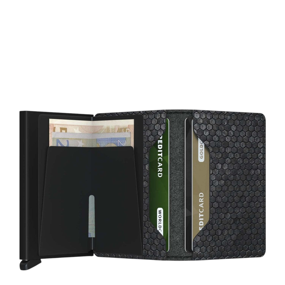 Lieblingstasche Secrid Slimwallet Hexagon in black with textured honeycomb pattern, card slots, and cash compartment.