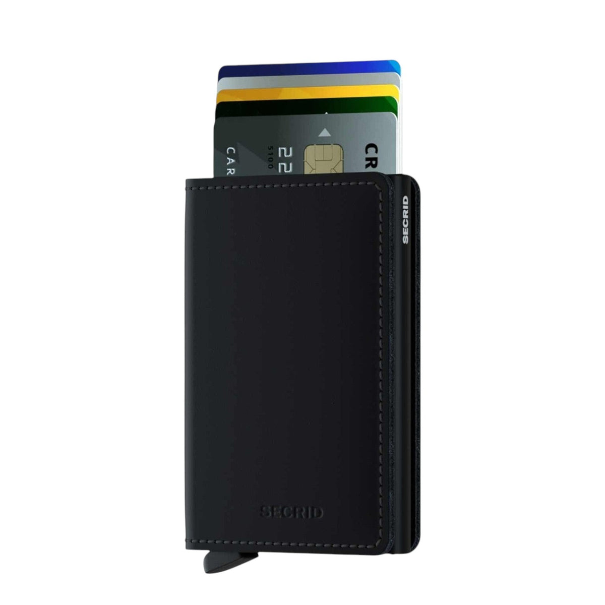Lieblingstasche Secrid Slimwallet Matte in black with card protector mechanism and multiple credit cards visible