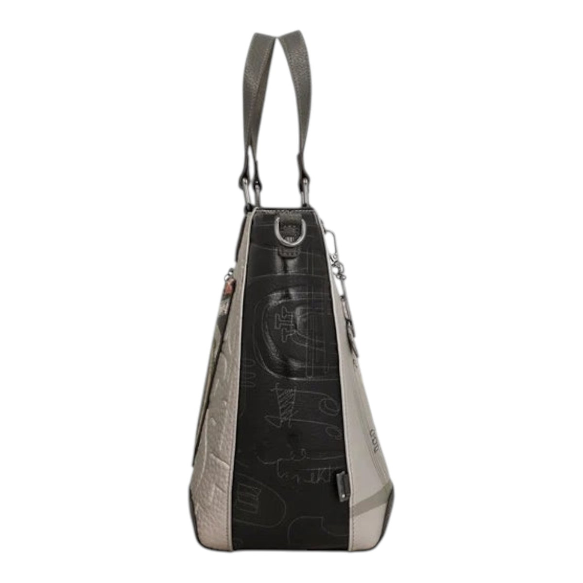 Lieblingstasche short handle bag in black and grey with abstract graphic patterns and side view profile