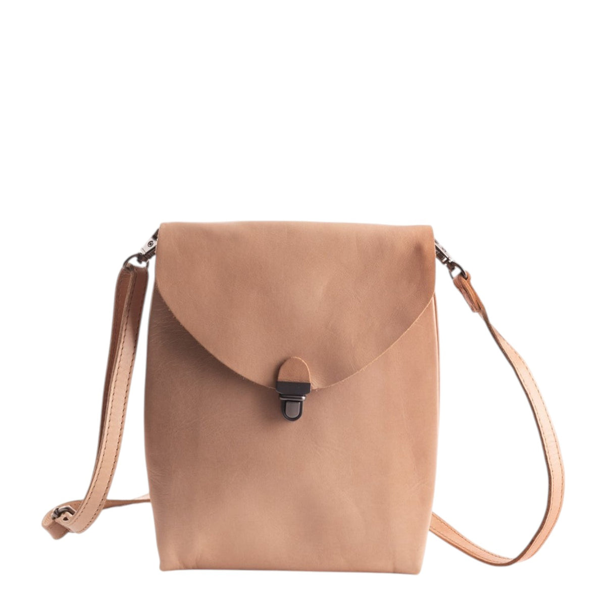 Lieblingstasche tan leather fold over flap crossbody bag with turn lock closure.