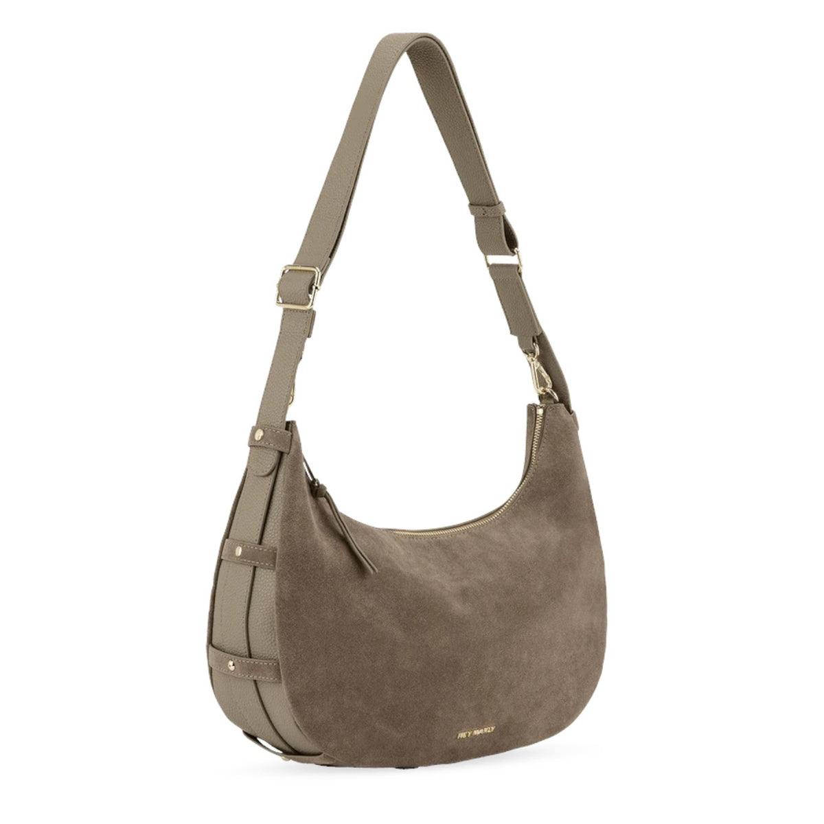 Lieblingstasche Lifetime Sister Suede M hobo bag in taupe suede with adjustable shoulder strap and gold hardware
