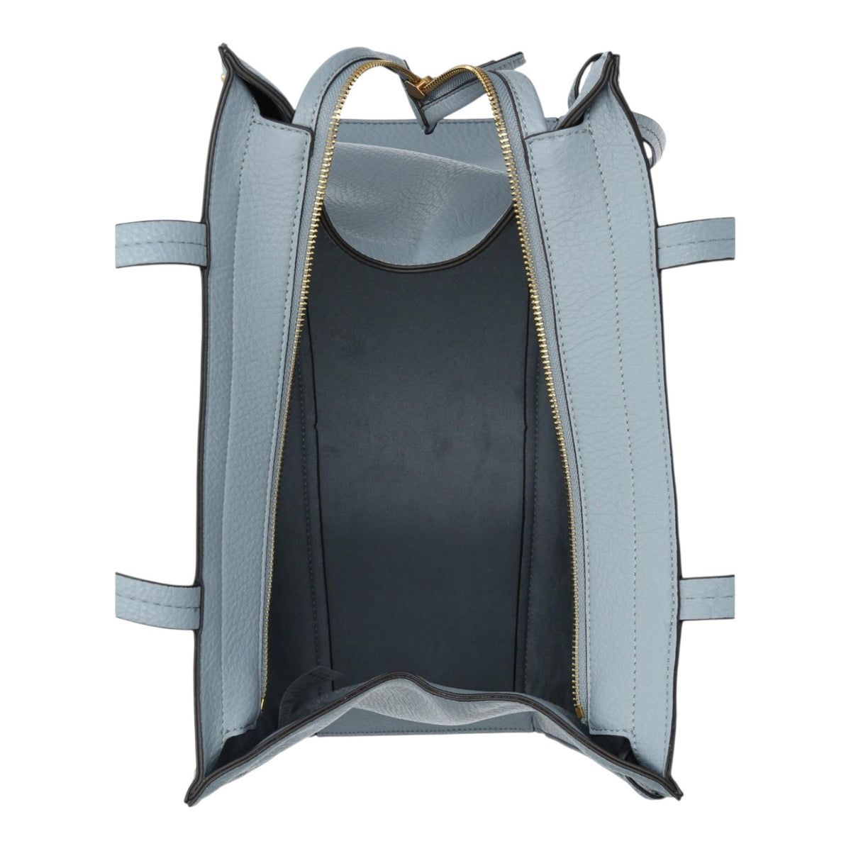 Lieblingstasche Tote L in light blue grained leather with a gold-toned zipper and open top interior view
