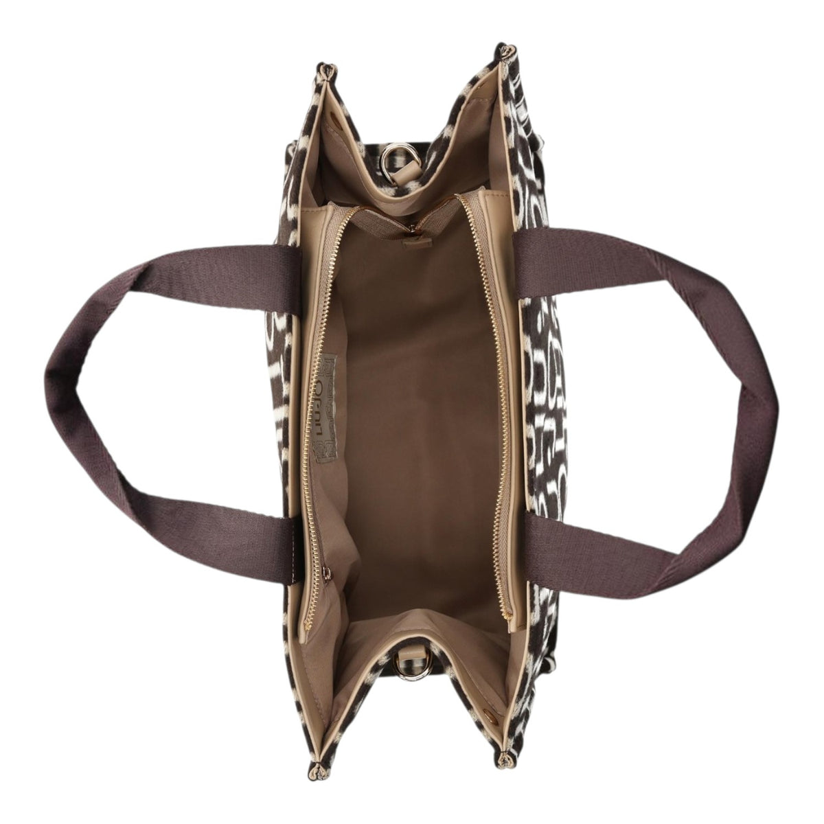 Lieblingstasche Tote Logo Allover L bag top view showing beige and black patterned exterior and spacious interior