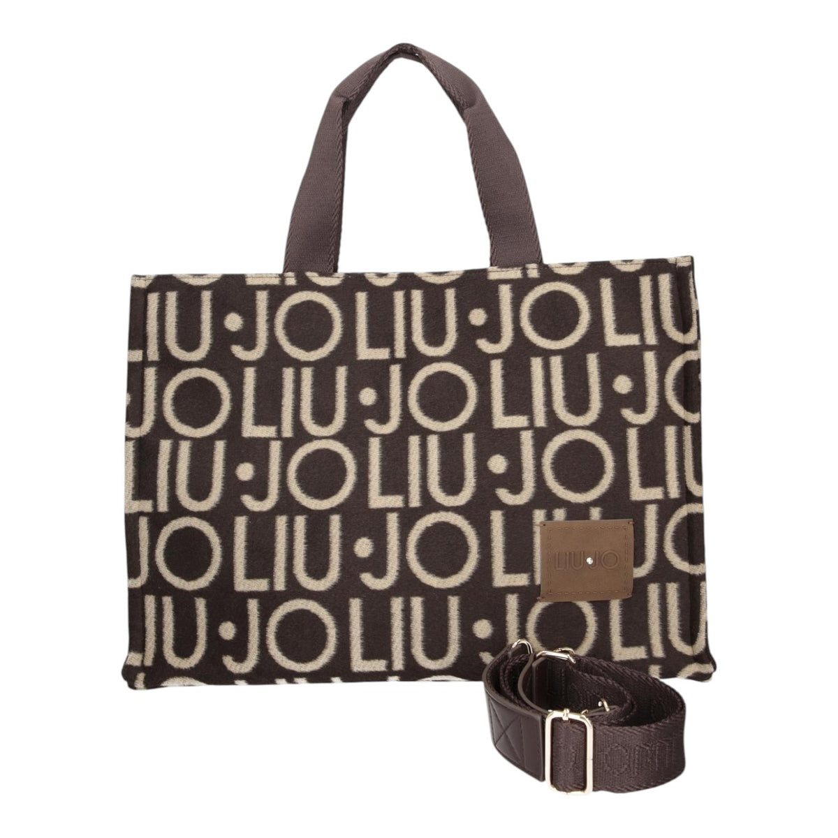 Lieblingstasche Tote Logo Allover L bag in brown and beige with repeating Liu Jo logo pattern and shoulder strap