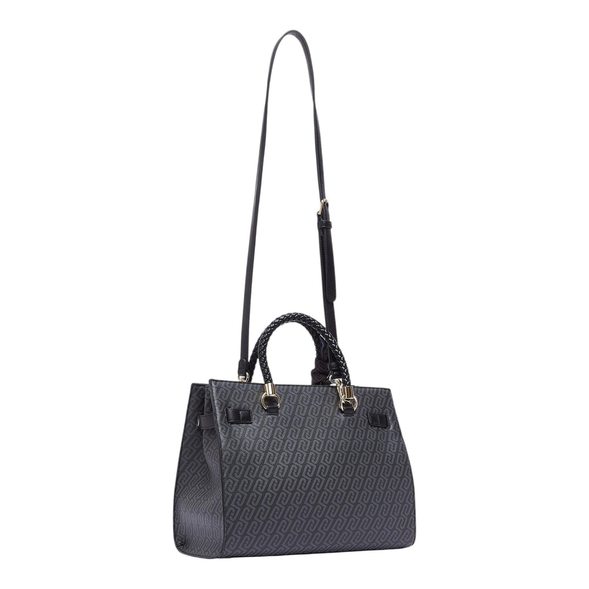 Lieblingstasche Tote M in black with a repeating logo pattern, braided top handles, and an adjustable shoulder strap.
