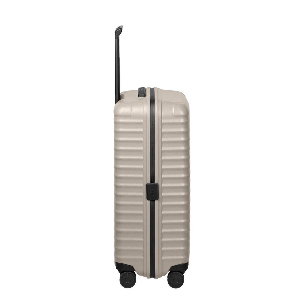 Lieblingstasche UPGRADE 4w Trolley M+ in beige with a hard shell, black trim, and retractable handle, side view.