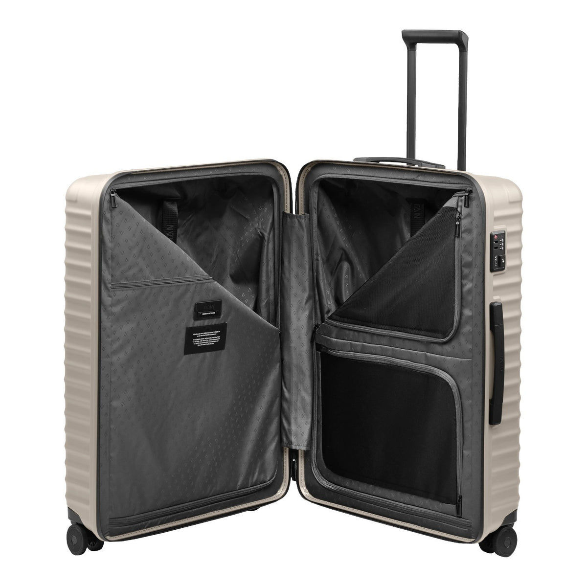 Lieblingstasche UPGRADE 4w Trolley L in beige, open view showing grey interior lining, mesh pockets, and dividers.