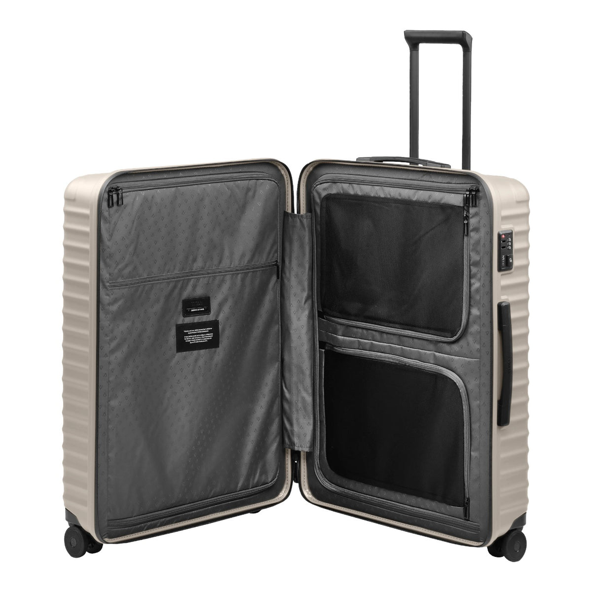Lieblingstasche UPGRADE 4w Trolley L in beige with open interior featuring grey lining, mesh pockets, and TSA lock