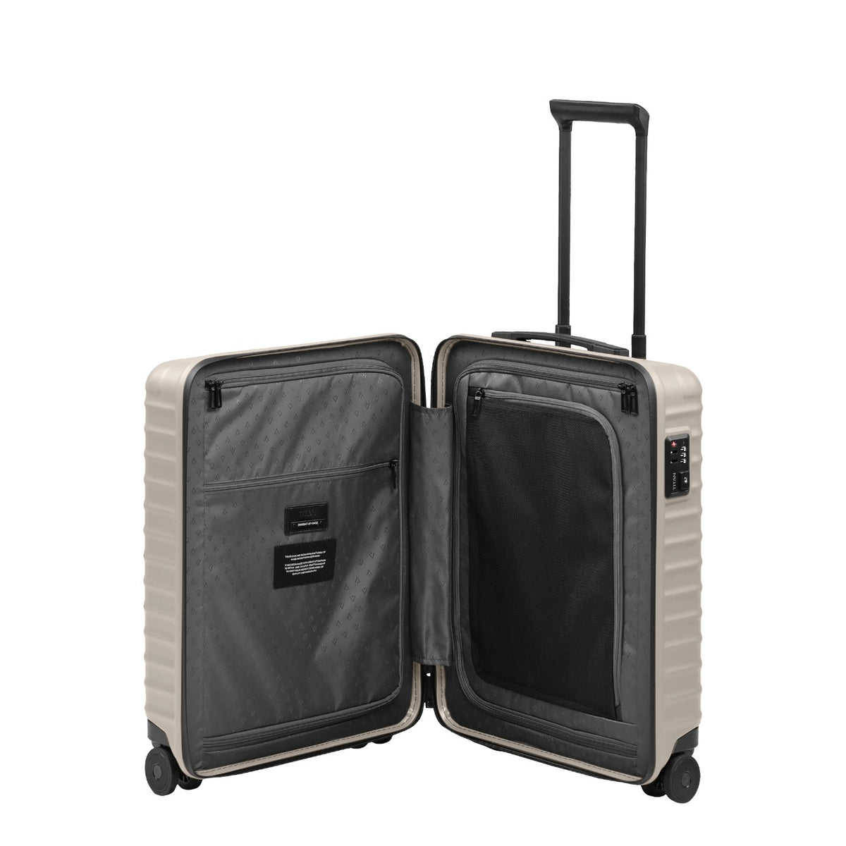 Lieblingstasche UPGRADE 4w Trolley S23 in beige, open view showing interior compartments and telescopic handle