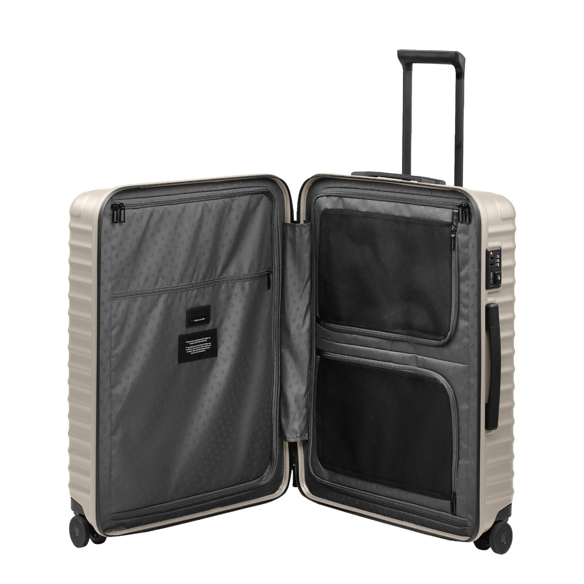Lieblingstasche UPGRADE 4w Trolley M+ open suitcase with grey interior lining, mesh pockets, and integrated lock