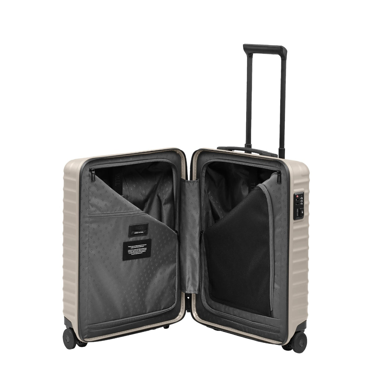 Lieblingstasche UPGRADE 4w Trolley S23 in beige, shown open to reveal the grey lined interior and mesh compartments.