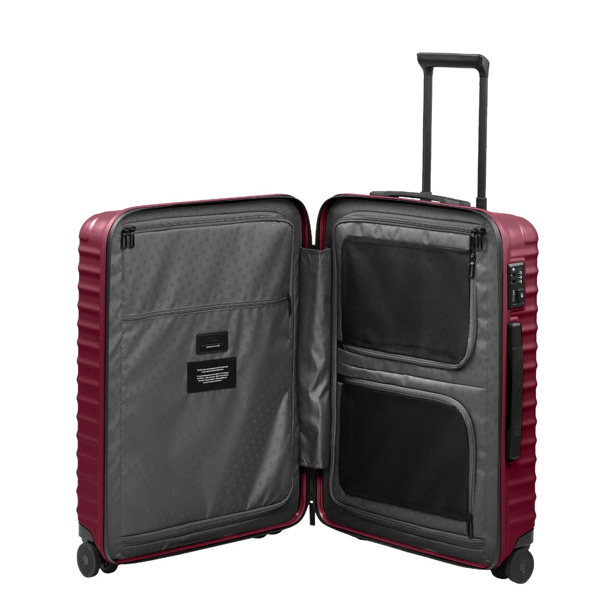 Lieblingstasche UPGRADE 4w Trolley M in dark red, shown open to reveal grey interior compartments and mesh pockets.
