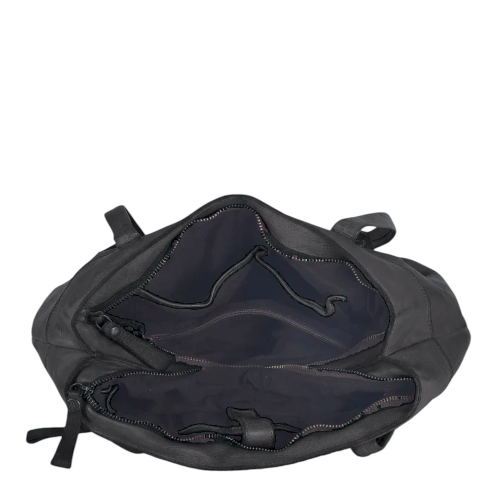 Lieblingstasche Zea-2 black leather handbag interior view with multiple zippered compartments and fabric lining