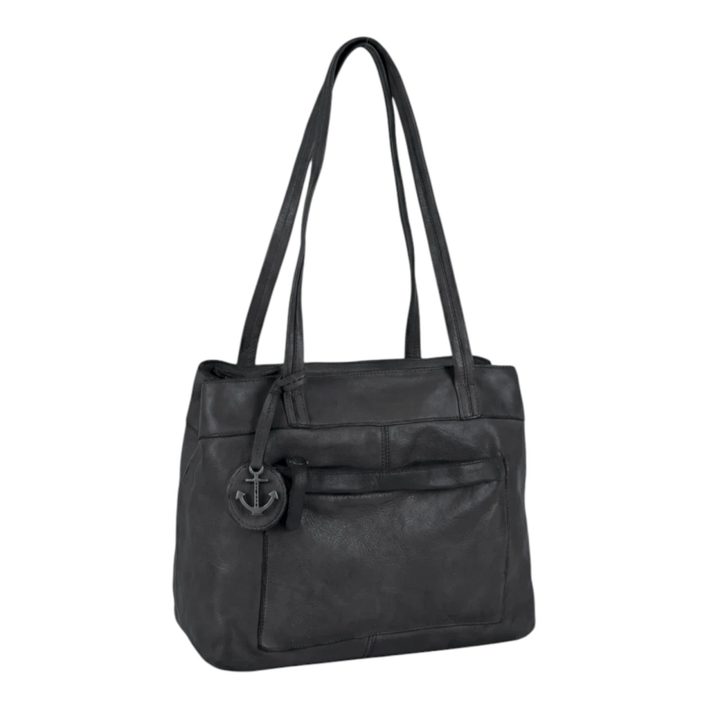 Lieblingstasche Zea-2 black leather shoulder bag with an anchor charm and front zipper pocket