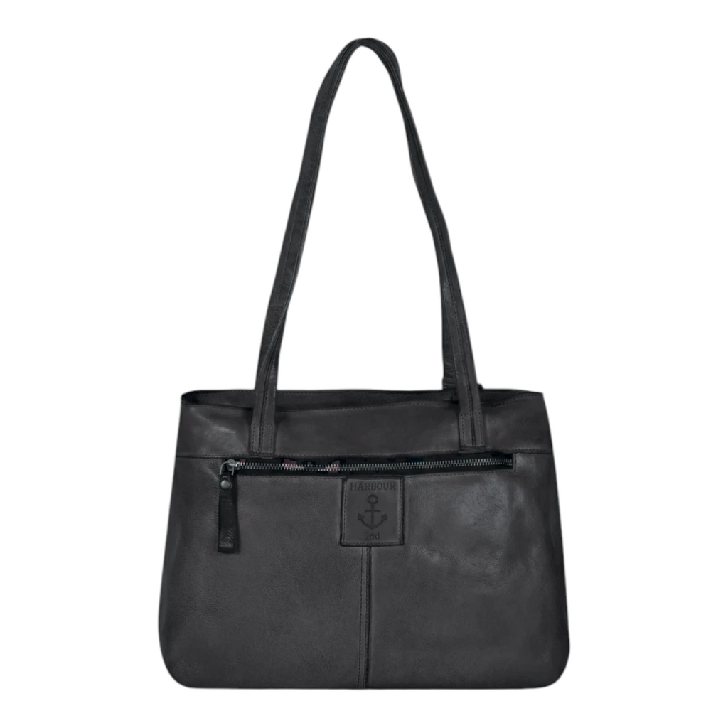 Lieblingstasche Zea-2 black leather shoulder bag with front zipper pocket and Harbour 2nd anchor logo embossing