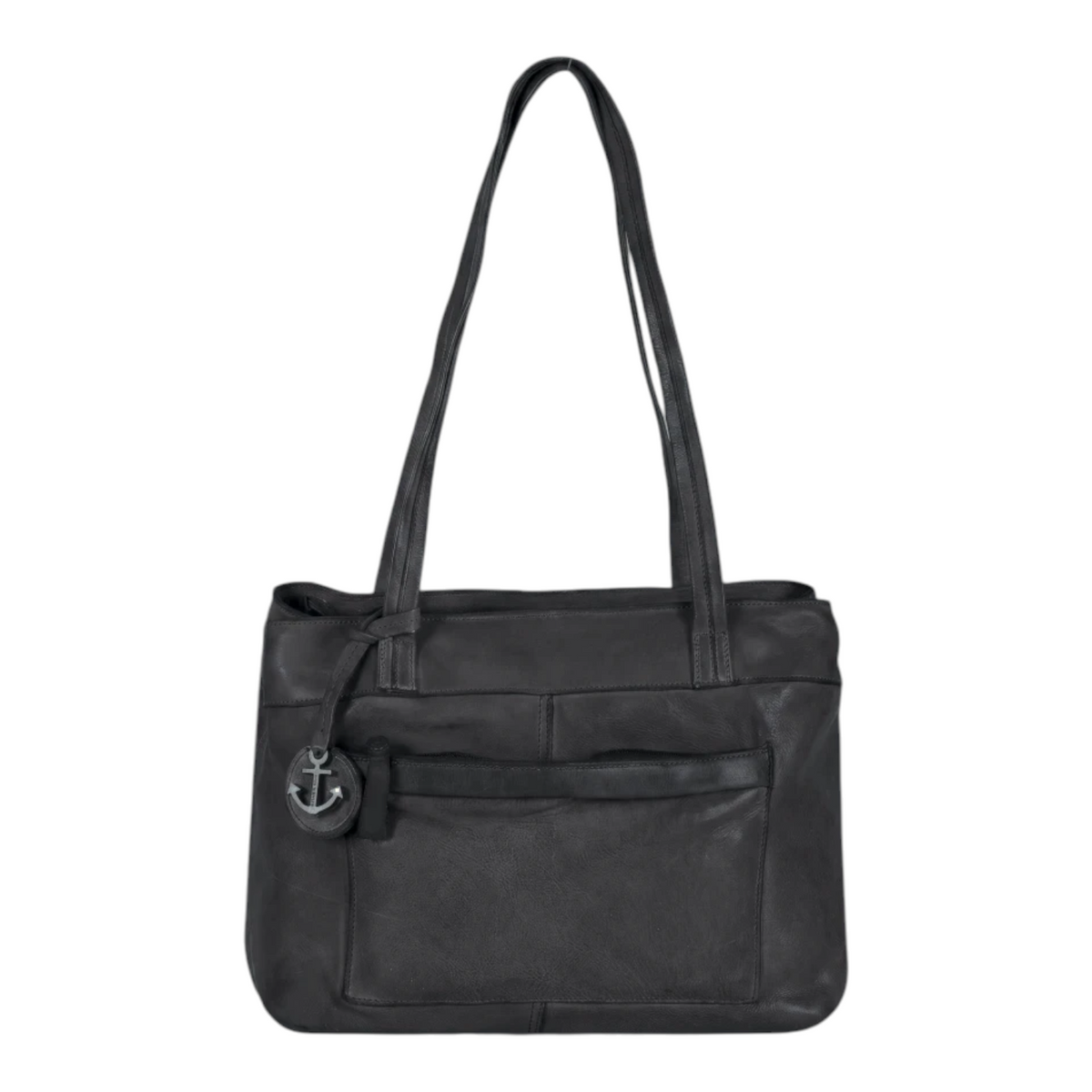 Lieblingstasche Zea-2 black leather shoulder bag with a decorative anchor charm and front pocket