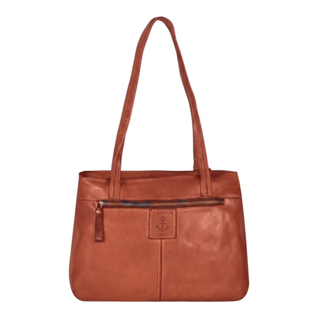 Lieblingstasche Zea-2 cognac brown leather shoulder bag with front zipper pocket and embossed anchor logo
