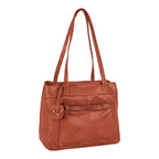 Lieblingstasche Zea-2 cognac brown leather shoulder bag with a decorative anchor charm and front zipper pocket