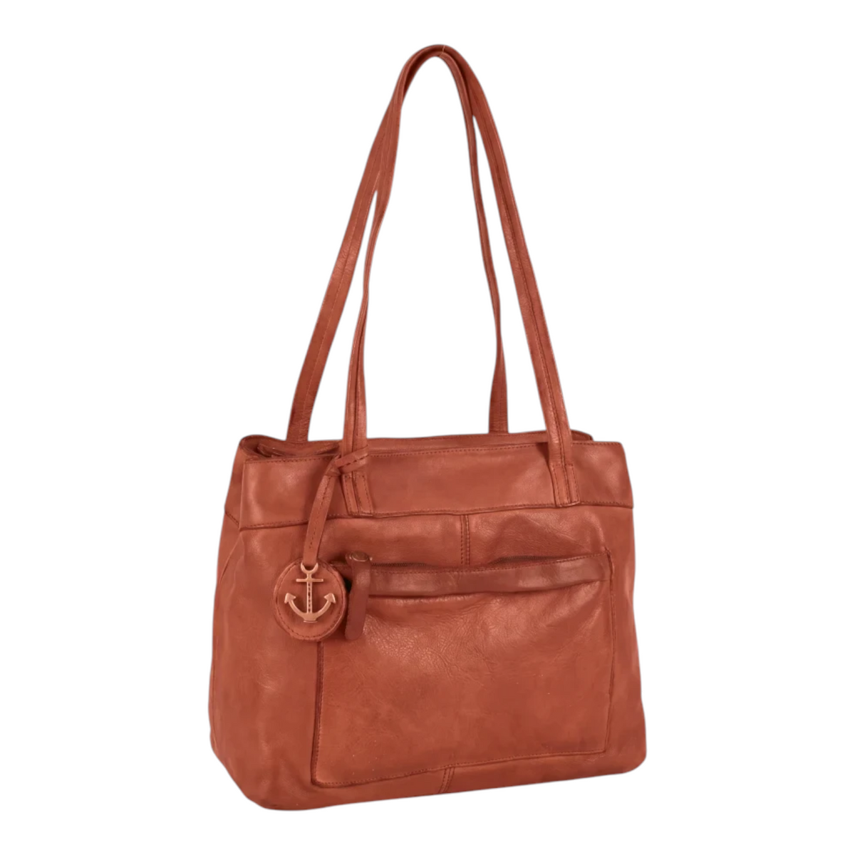 Lieblingstasche Zea-2 cognac brown leather shoulder bag with a decorative anchor charm and front zipper pocket