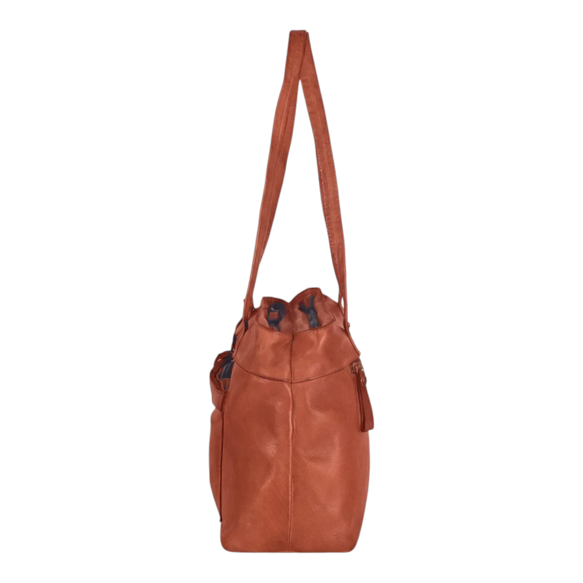Lieblingstasche Zea-2 cognac brown leather shoulder bag with side pocket and long straps, side view