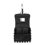 Lieblingstasche Toiletbag XL in black and white stripes with hanging hook, mirror, and multiple storage compartments.
