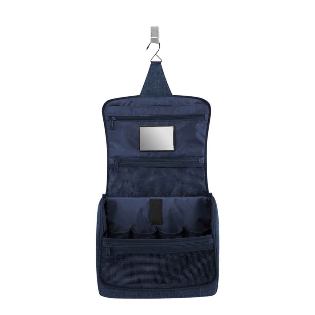 Lieblingstasche Toiletbag XL in navy blue with hanging hook, internal mirror, and multiple mesh storage compartments.