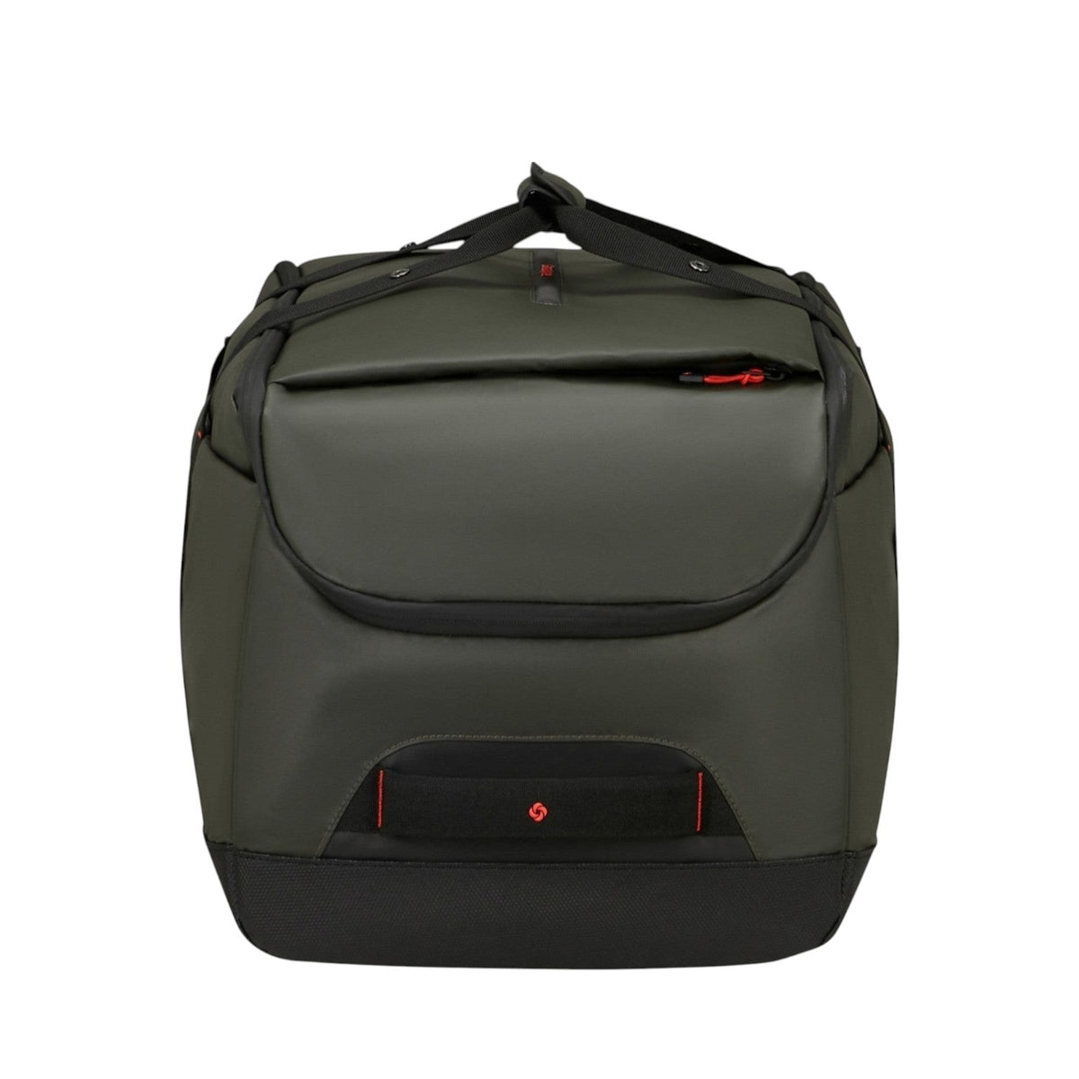 Lieblingstasche Ecodiver L duffle bag in dark green with black accents and red zipper pulls. Durable travel bag.