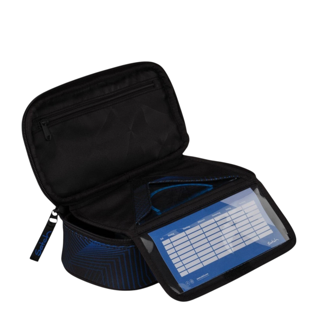 Lieblingstasche Satch pencil case in blue and black with internal organizer, pen loops, and a timetable window.